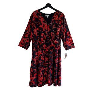 NWT Dress Red Black Slinky 2X Scroll Print Stretch Knit Asymmetric Ruffle